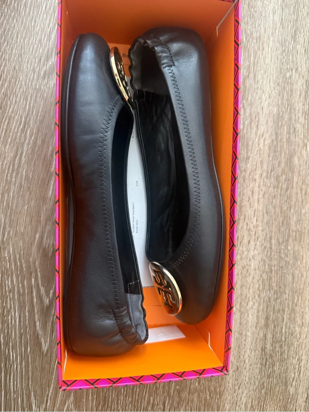 Tory Burch Black Leather Logo Ballet Flats with Gold Emblem